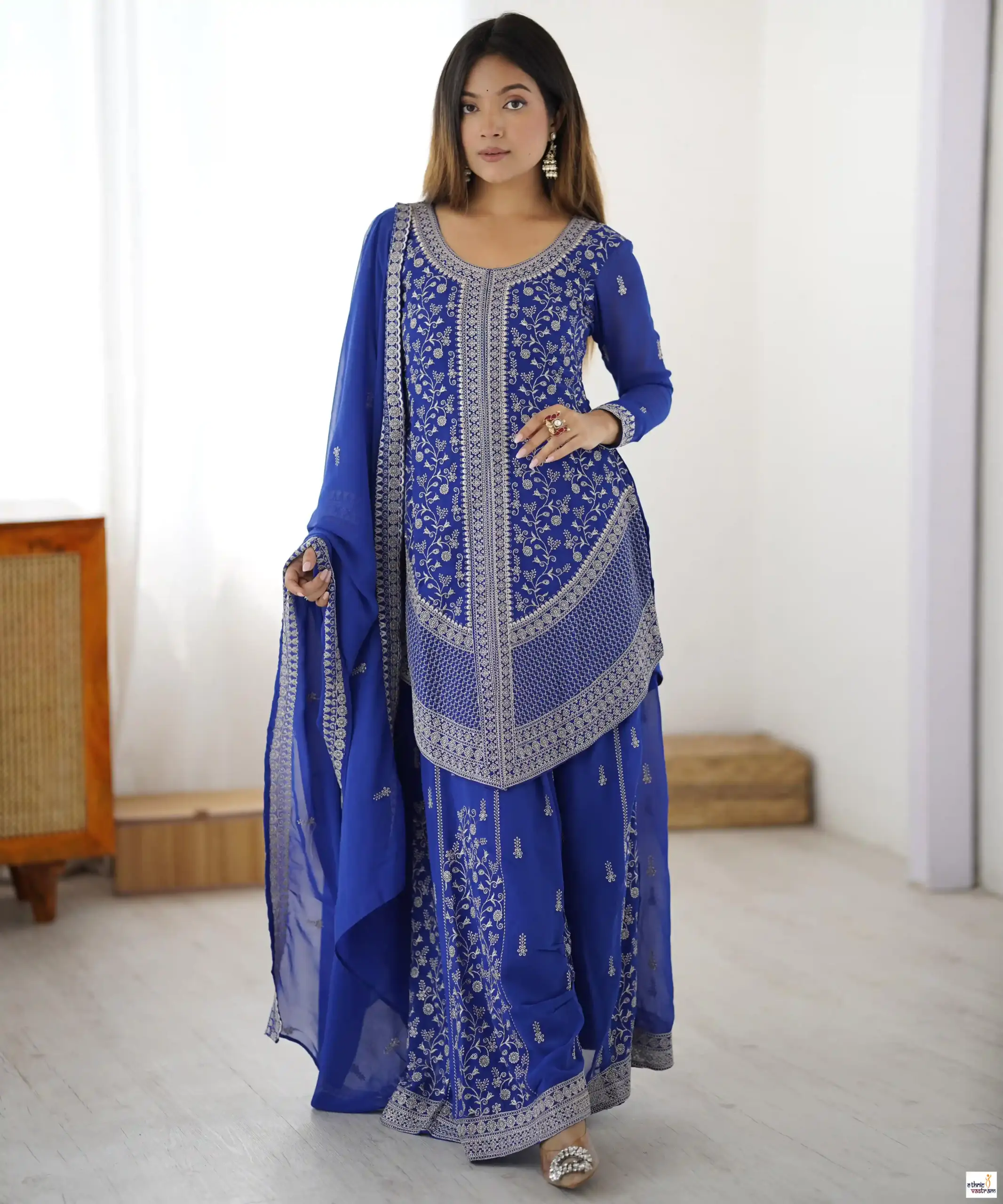 Blue Faux Georgette Sequins Embroidered Plazzo Salwar Suit