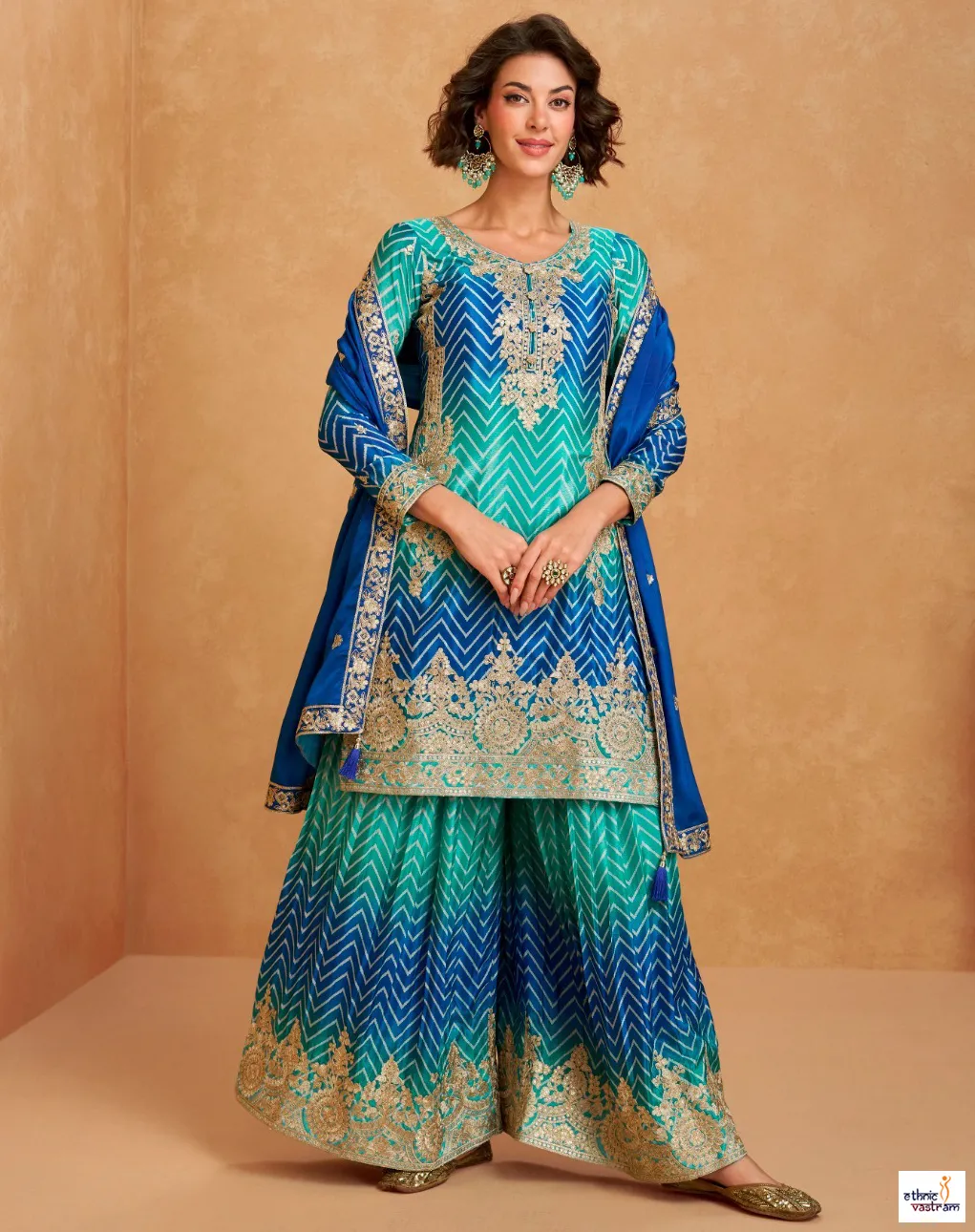 Blue Premium Chinnon Silk Embroidered Readymade Plazzo Suit