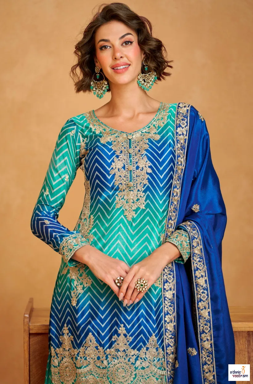 Blue Premium Chinnon Silk Embroidered Readymade Plazzo Suit - Image 2