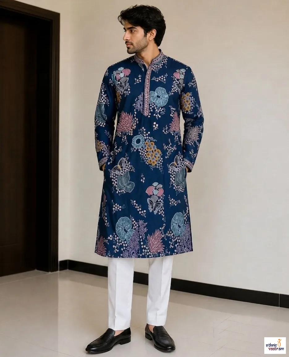 Blue Premium Poly Linen Satin Embroidered Kurta Pajama Set