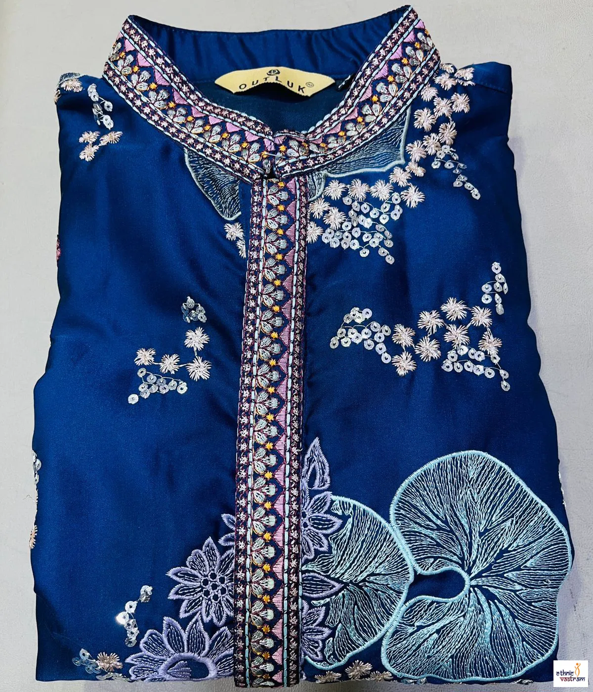 Blue Premium Poly Linen Satin Embroidered Kurta Pajama Set - Image 2