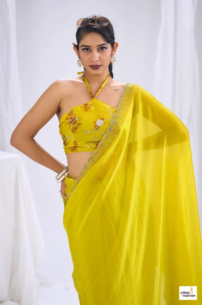 Bright Yellow Silk Stone Work Border Work Designer Saree - Image 2