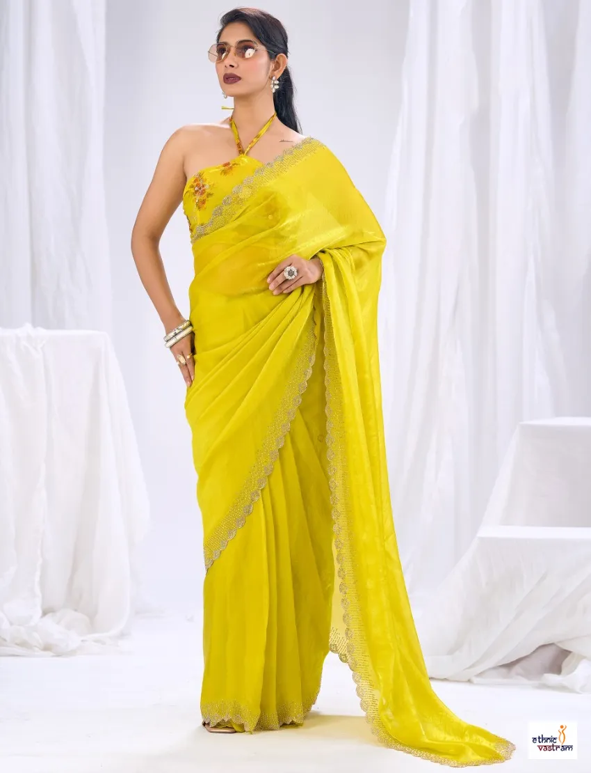 Bright Yellow Silk Stone Work Border Work Designer Saree
