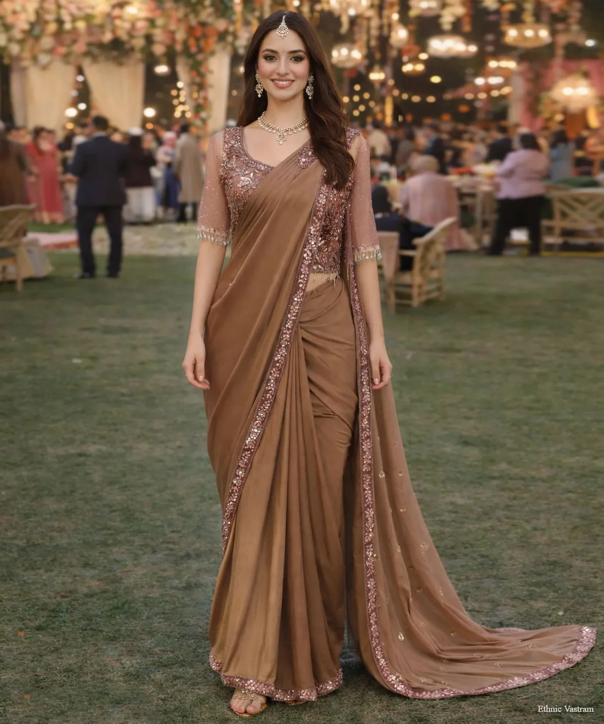 Brown Premium Lycra Ready-to-Wear Designer Saree