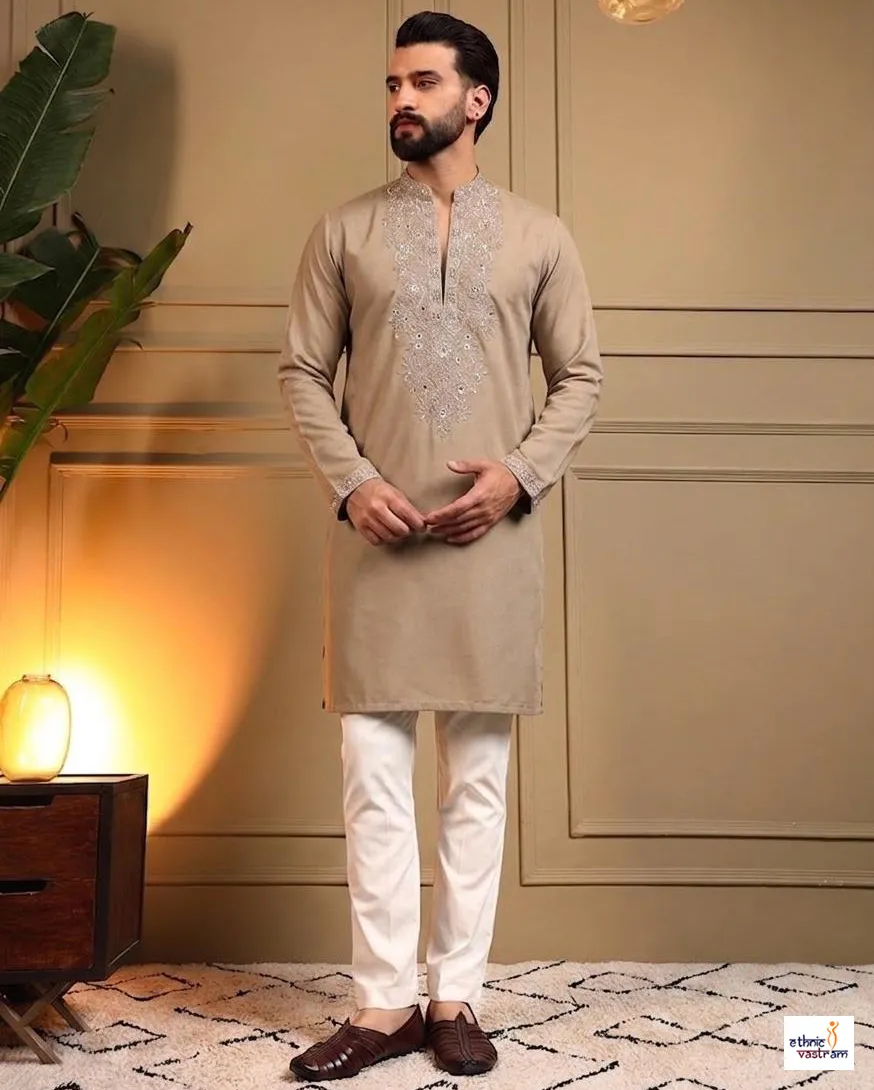 Brown Star Silk Embroidered Men Kurta With Pajama Set