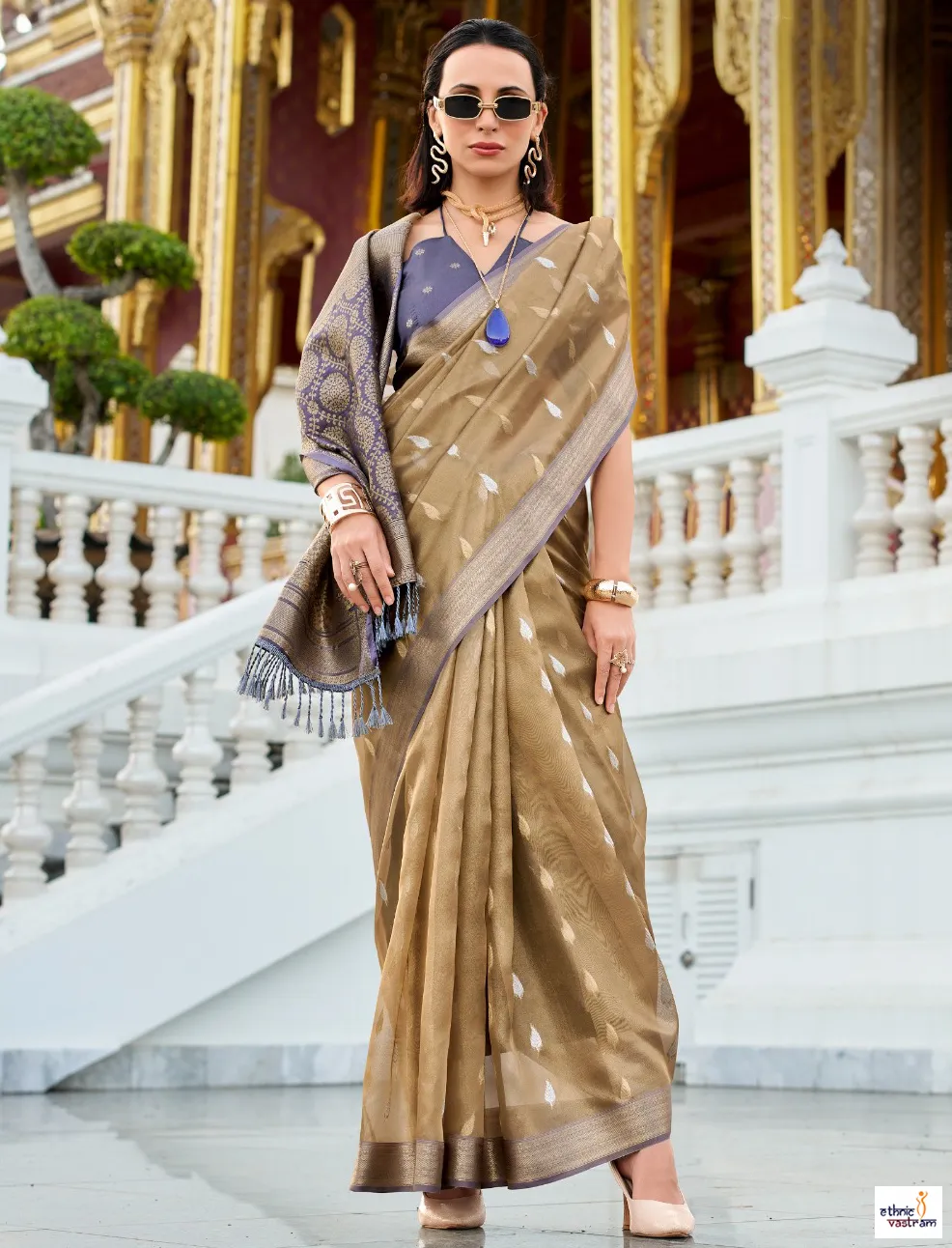 Brown Tissue Silk Rich Woven Border Traditional Saree - Image 2