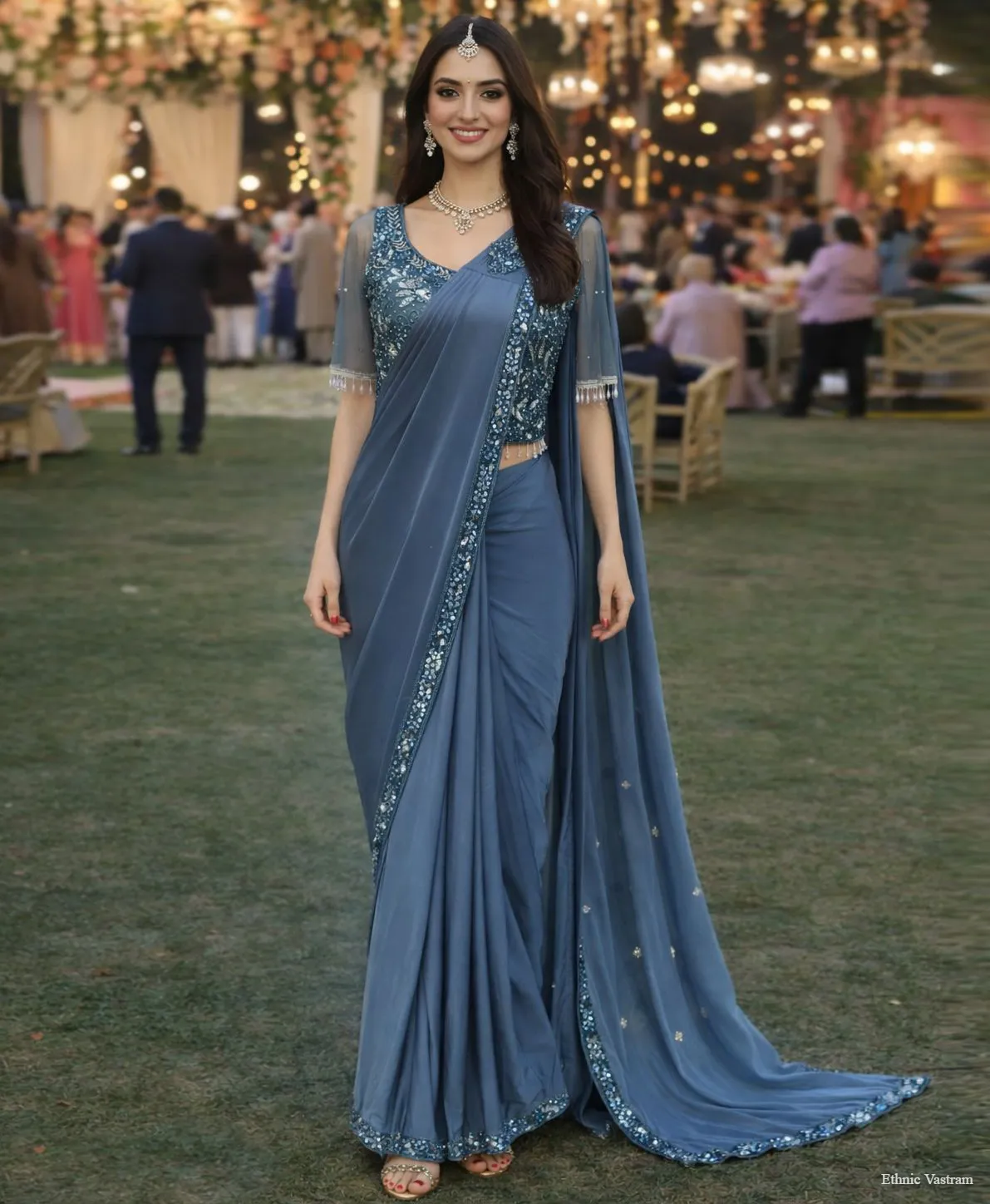 Charcoal Grey Premium Lycra Ready-to-Wear Designer Saree