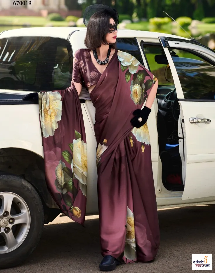Coffee Brown Japan Satin Abstract Digital Prints Saree