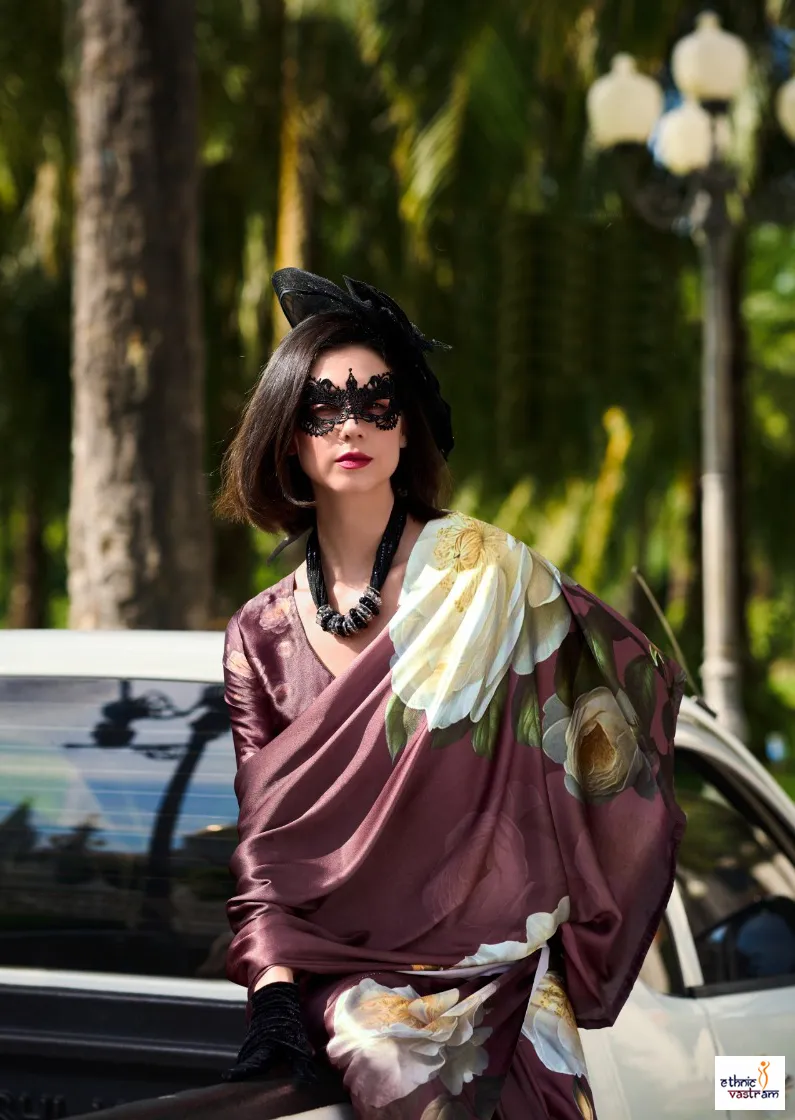 Coffee Brown Japan Satin Abstract Digital Prints Saree - Image 2