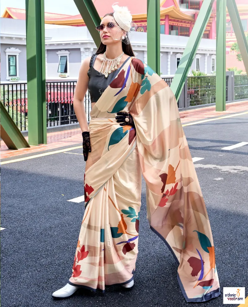 Cream Japan Satin Abstract Digital Prints Party Wear Saree