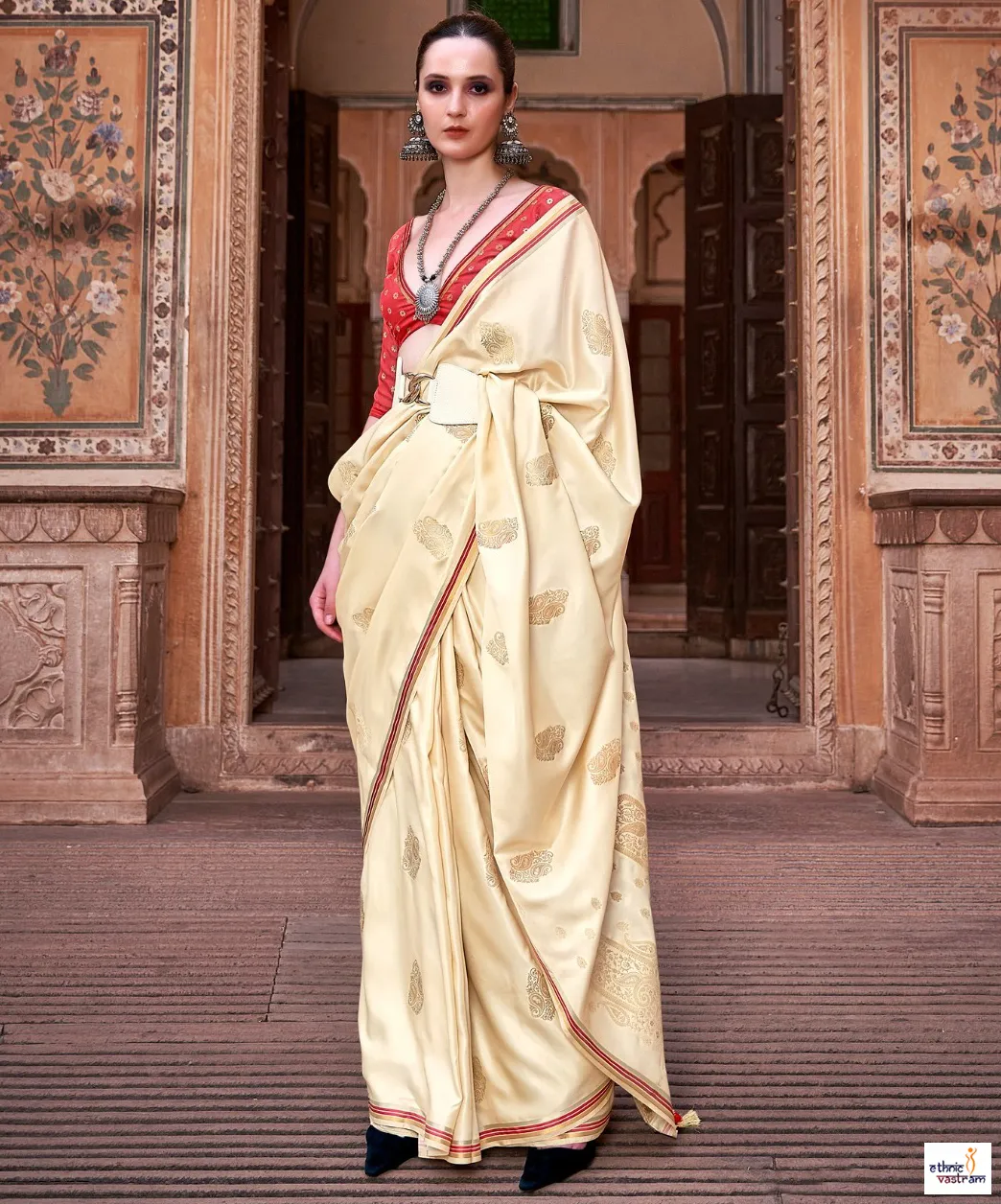 Cream Pure Satin Zari Weaving Work Traditional Saree