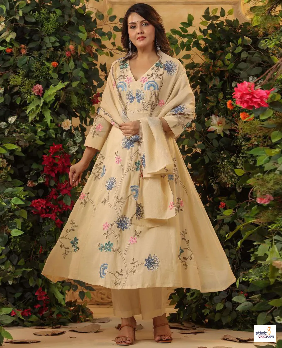 Cream Viscose Chanderi Embroidered Readymade Anarkali Suit Set