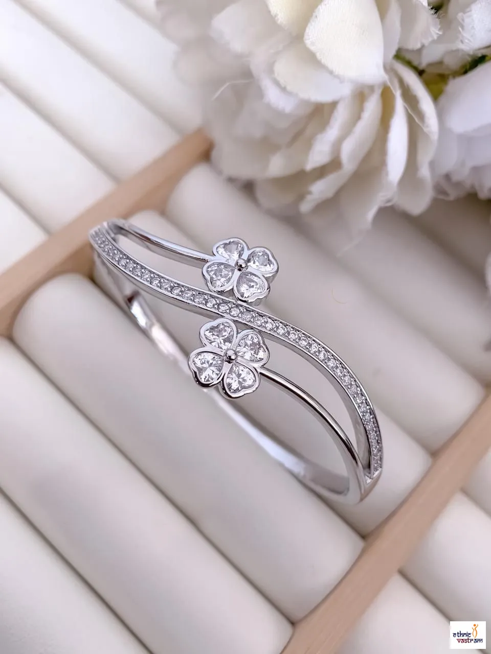 Cubic Zirconia Silver-Plated Twin Flower Designer Kada Bracelet