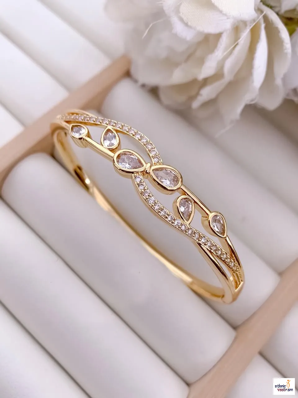 Designer Gold-Plated Stone Studded Leaf Motif Kada
