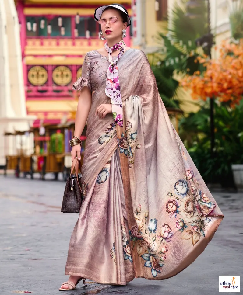 Dusty Rose Japan Satin Abstract Digital Prints Modern Saree