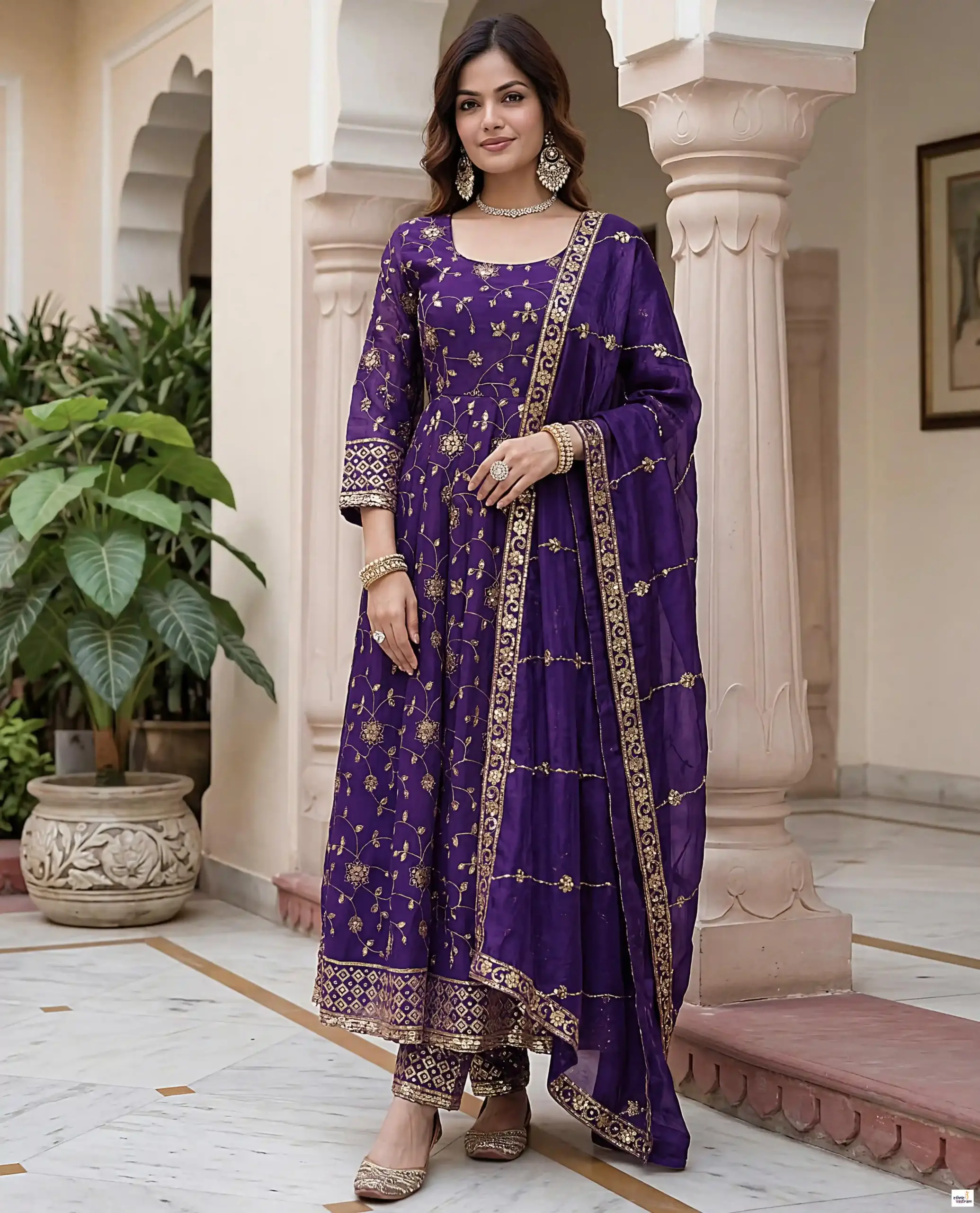 Elegant Purple Fandy Silk Embroidered Sequins Work Gown Set