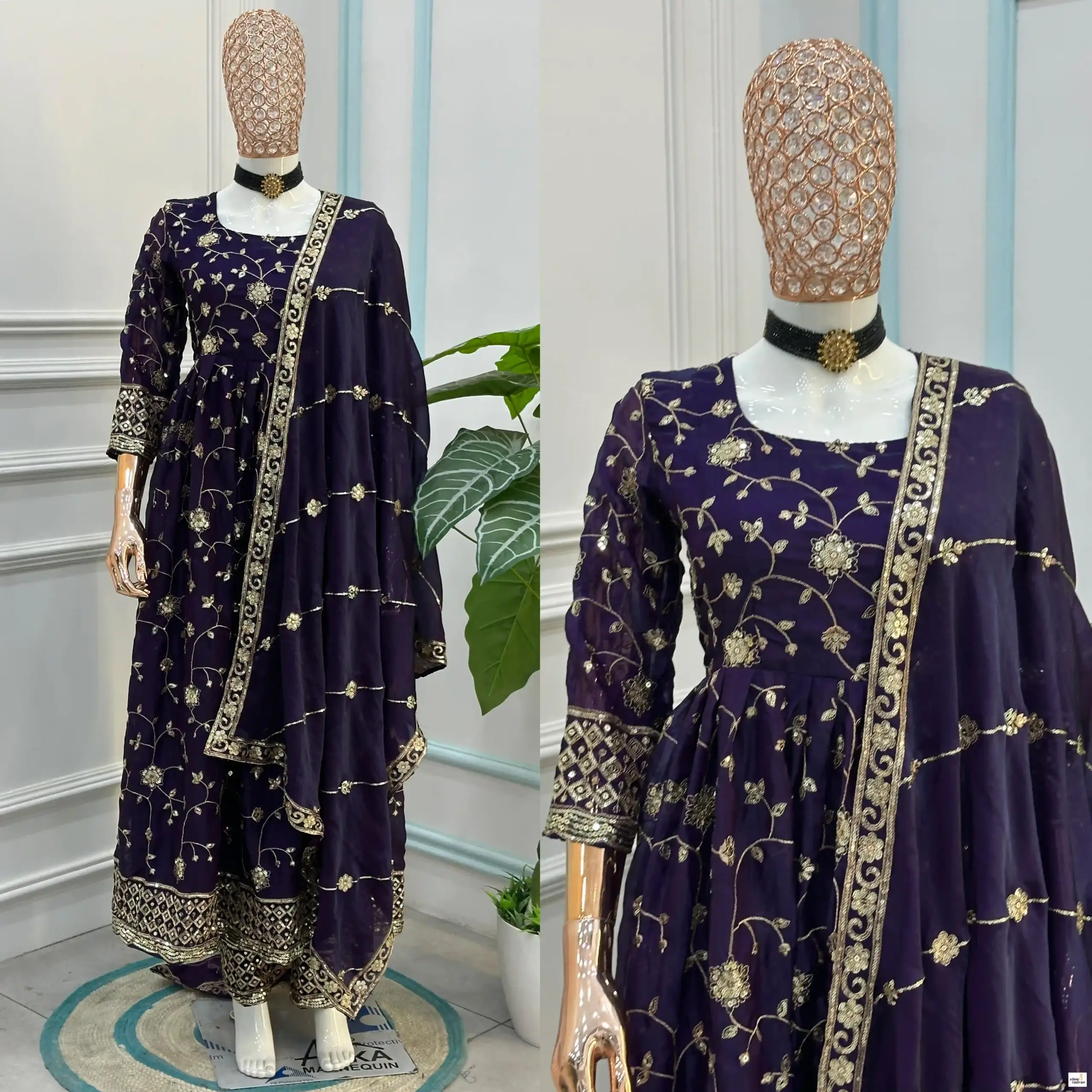 Elegant Purple Fandy Silk Embroidered Sequins Work Gown Set - Image 3