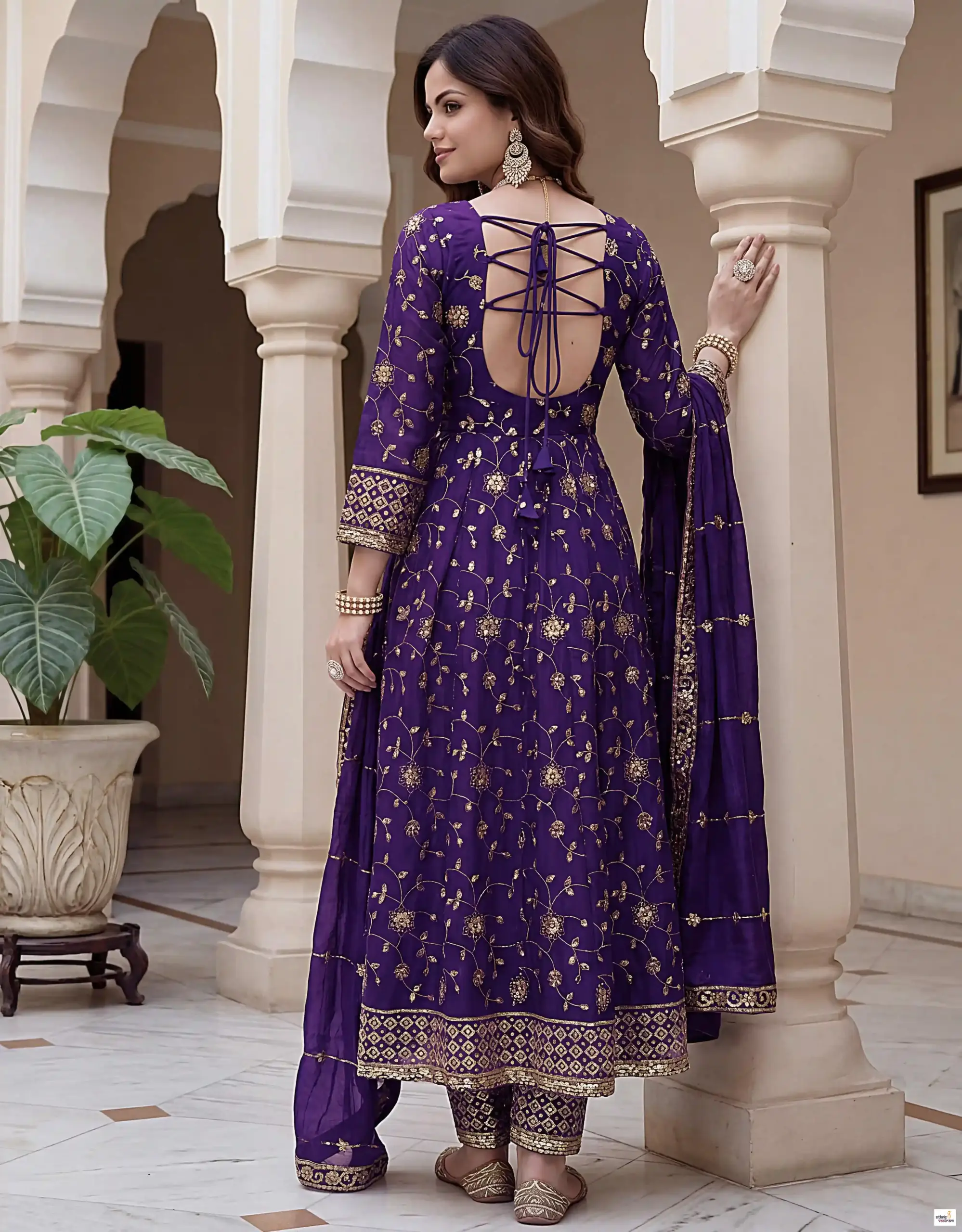 Elegant Purple Fandy Silk Embroidered Sequins Work Gown Set - Image 2