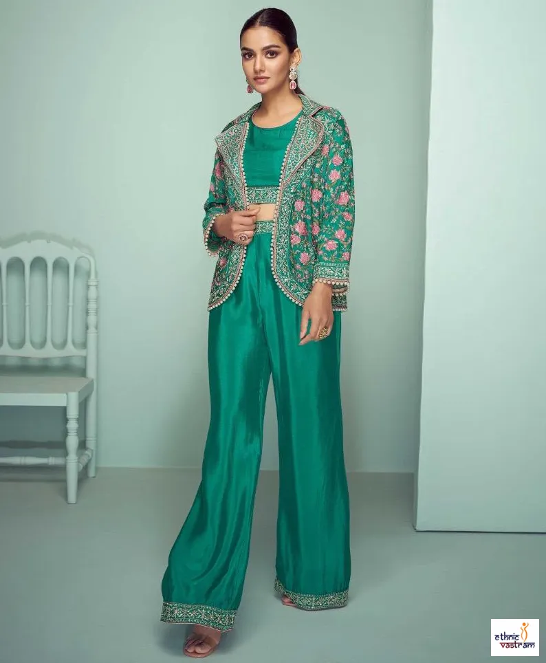 Emerald Green Real Chinnon Embroidered Mirror Work Indo-Western Set