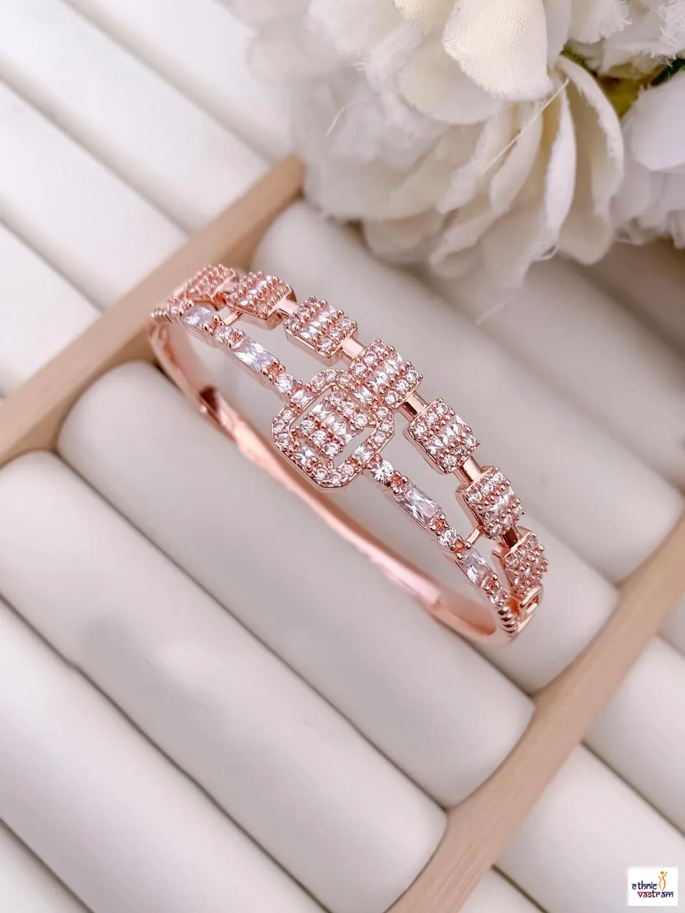 Geometric Design Rose Gold-Plated American Diamond Kada