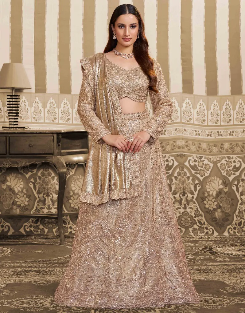 Gold Foil Satin Sequins Work Readymade Lehenga Saree