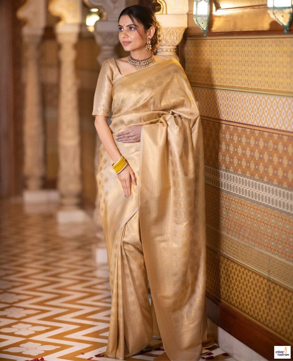 Gold Lichi Silk Rich Pallu Jacquard Work Traditional Saree