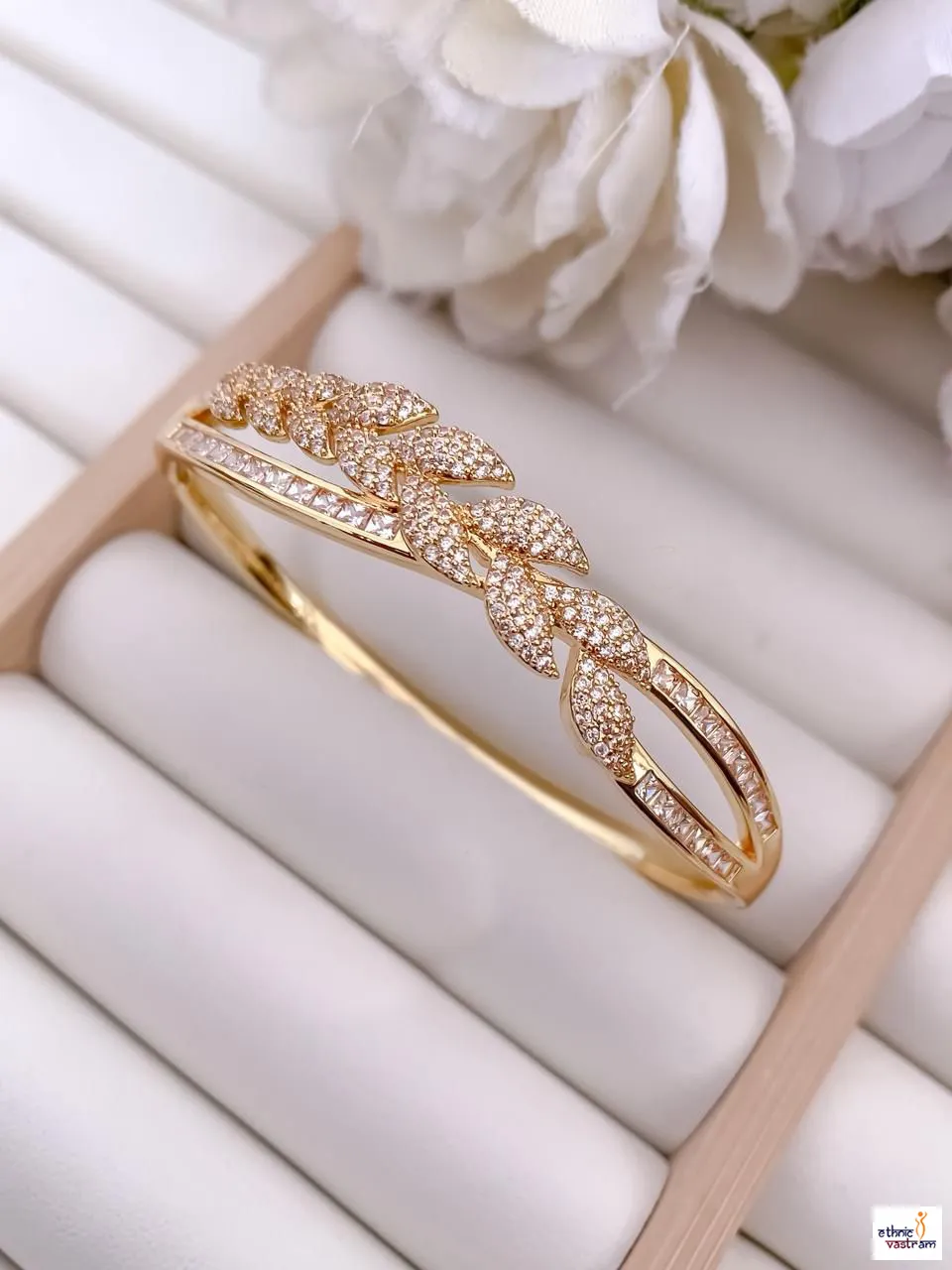 Gold-Plated Leaf Design Zirconia Stones Designer Kada Bracelet