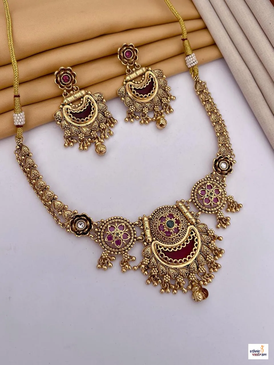 Gold-Plated Navratna-Inspired Statement Necklace Set