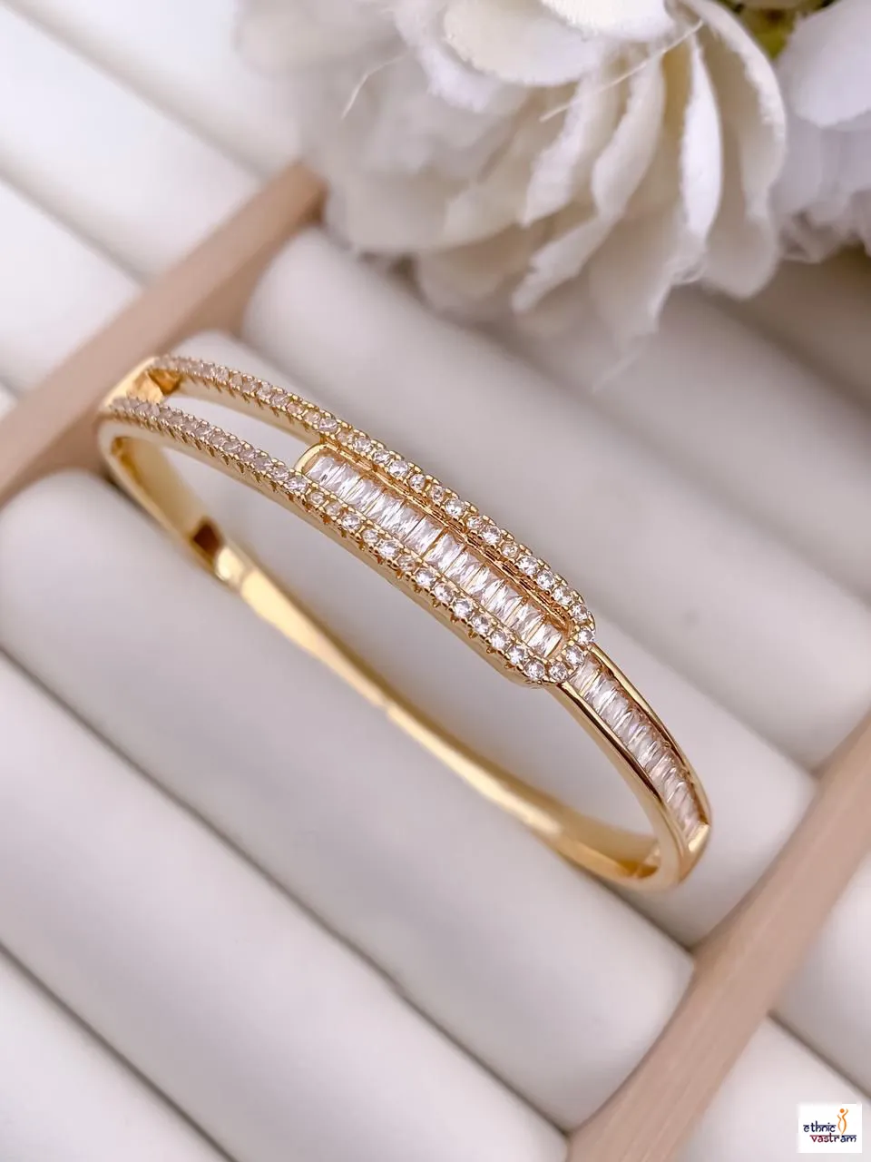 Gold-Plated Rectangular Halo Designer Kada Bracelet