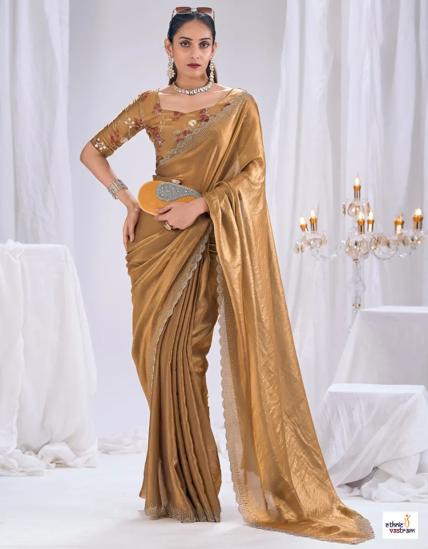 Golden Bronze Silk Stone Work Border Work Designer Saree