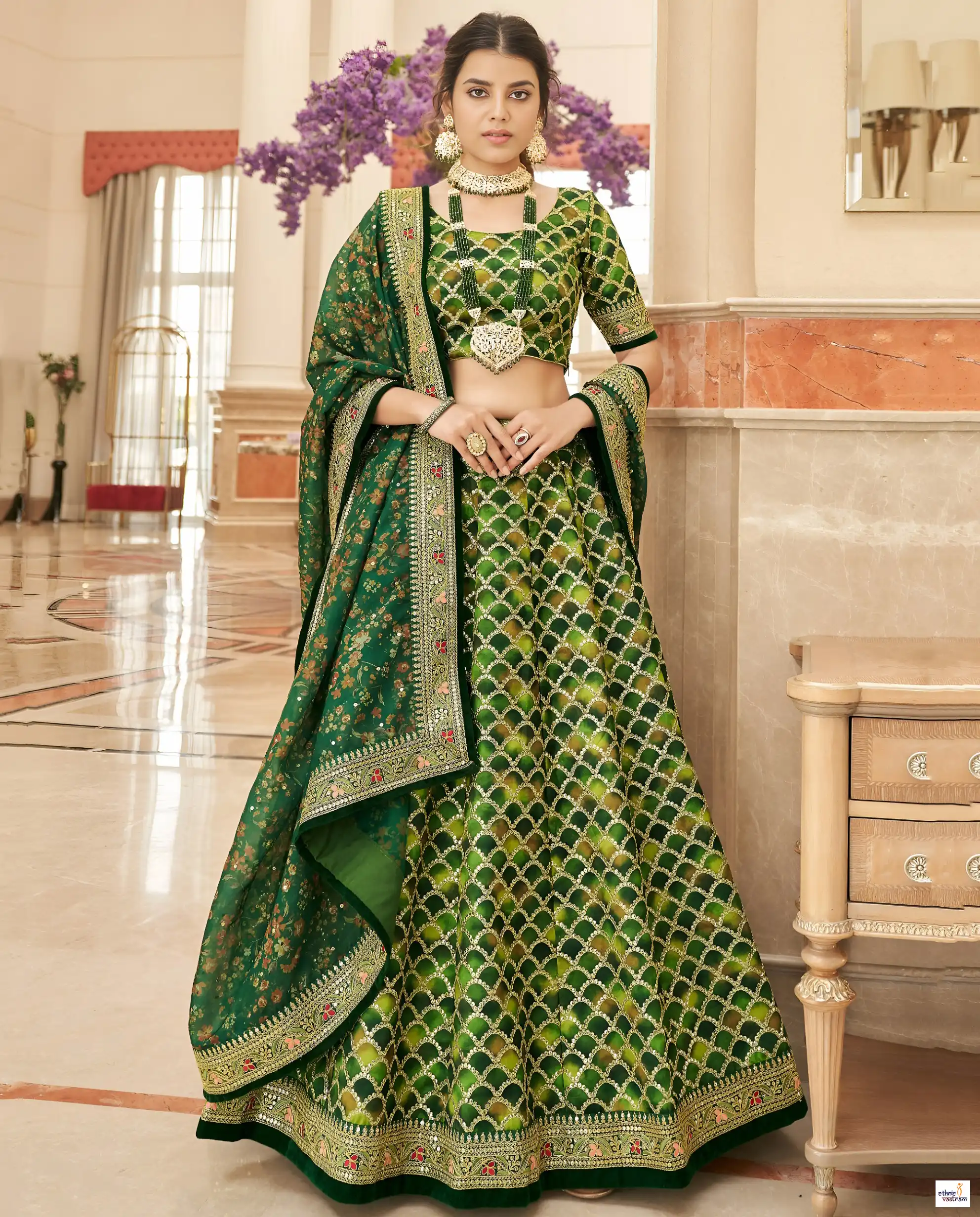 Green Art Silk Zari Embroidered Geometric Pattern Lehenga Choli
