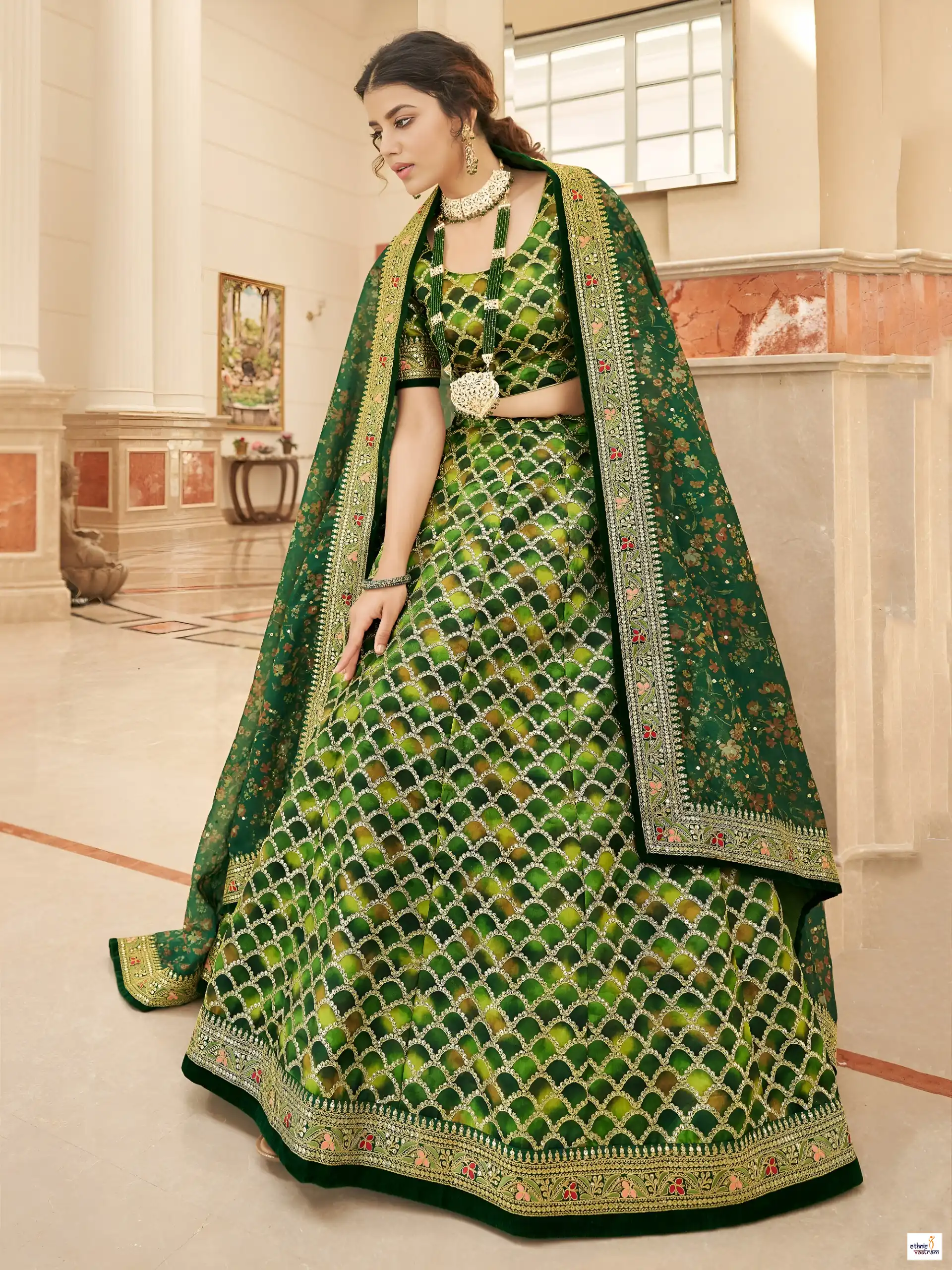 Green Art Silk Zari Embroidered Geometric Pattern Lehenga Choli - Image 2