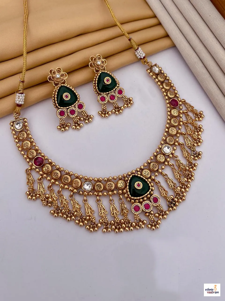 Green Motifs, Pink Accents & Beaded Fringe Gold-Plated Choker
