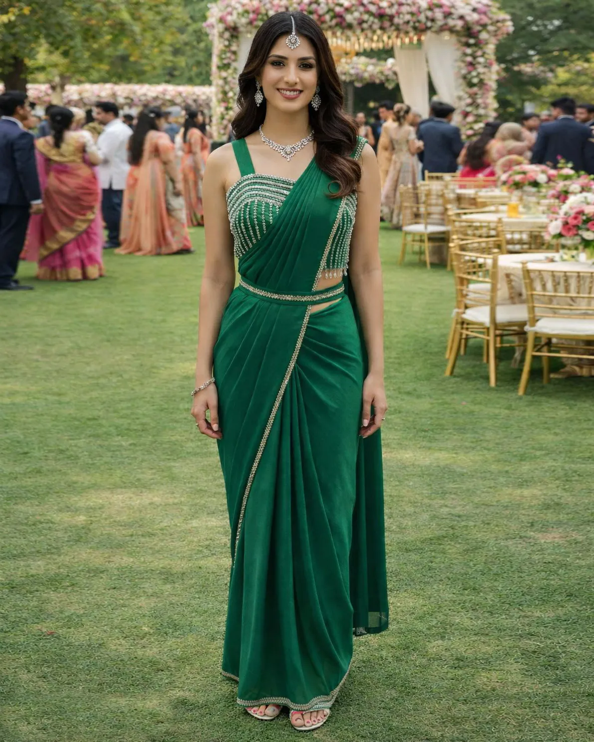 Green Premium Armani Satin Ready-to-Wear Designer Saree