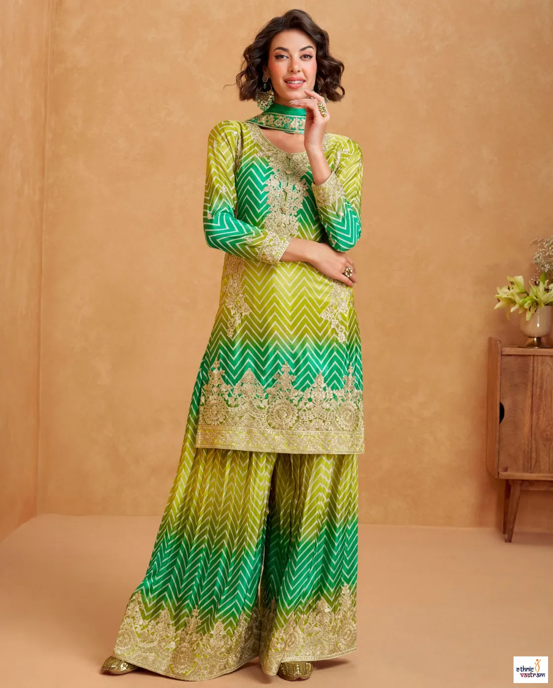 Green Premium Chinnon Silk Readymade Plazzo Salwar Suit