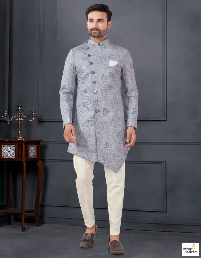 Grey Silk Embroidered Wedding Indo Western Kurta Pant