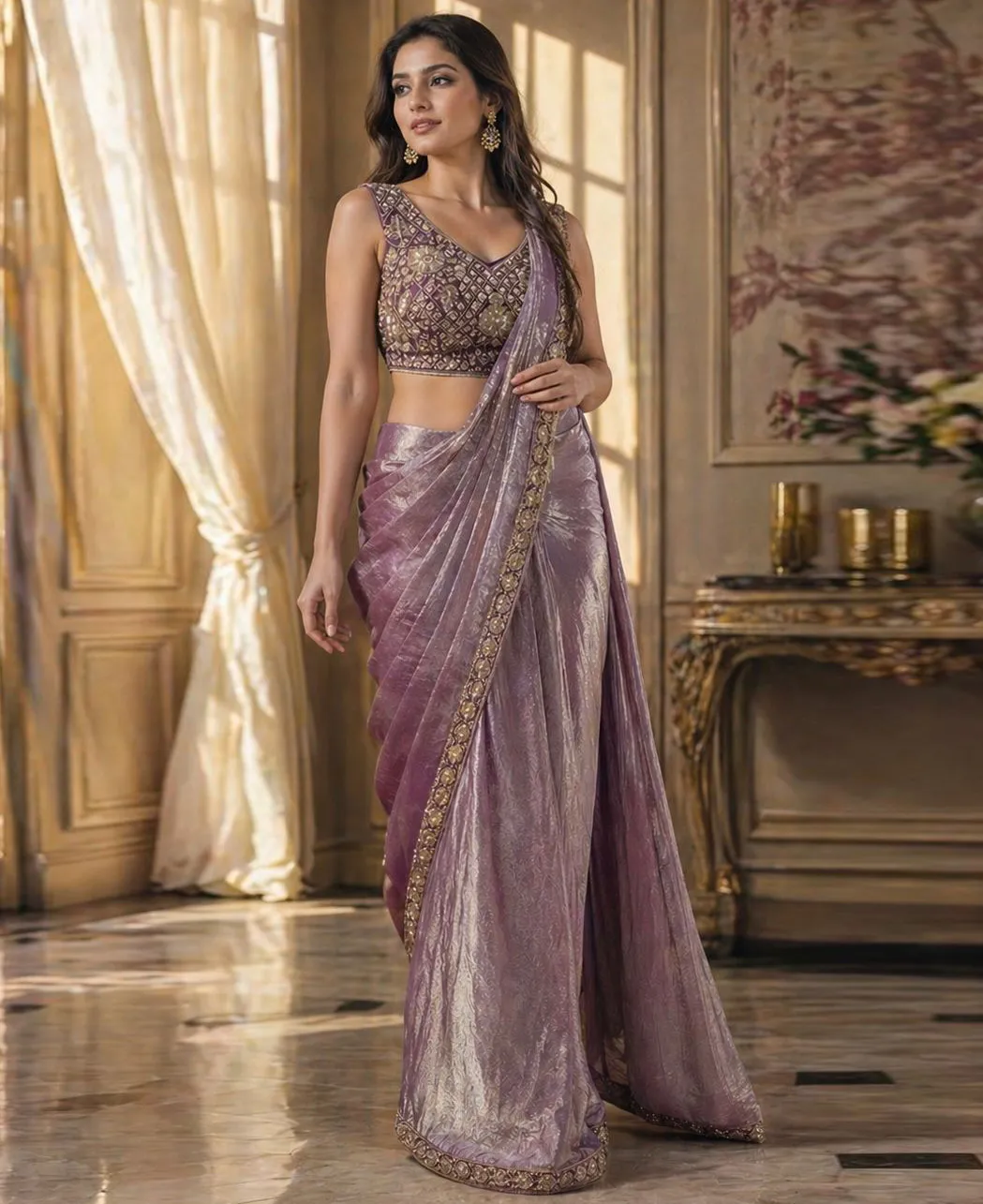 Lavender Fendi Silk Beads Work One Minute Saree
