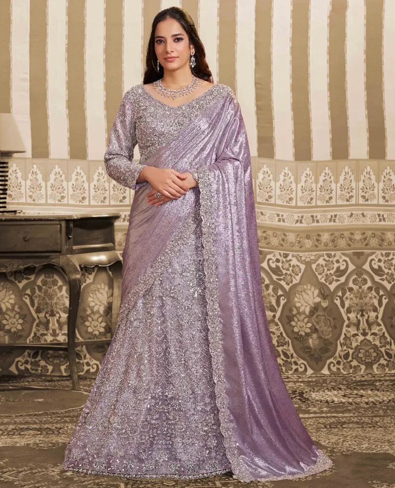 Lavender Foil Satin Sequins Work Readymade Lehenga Saree