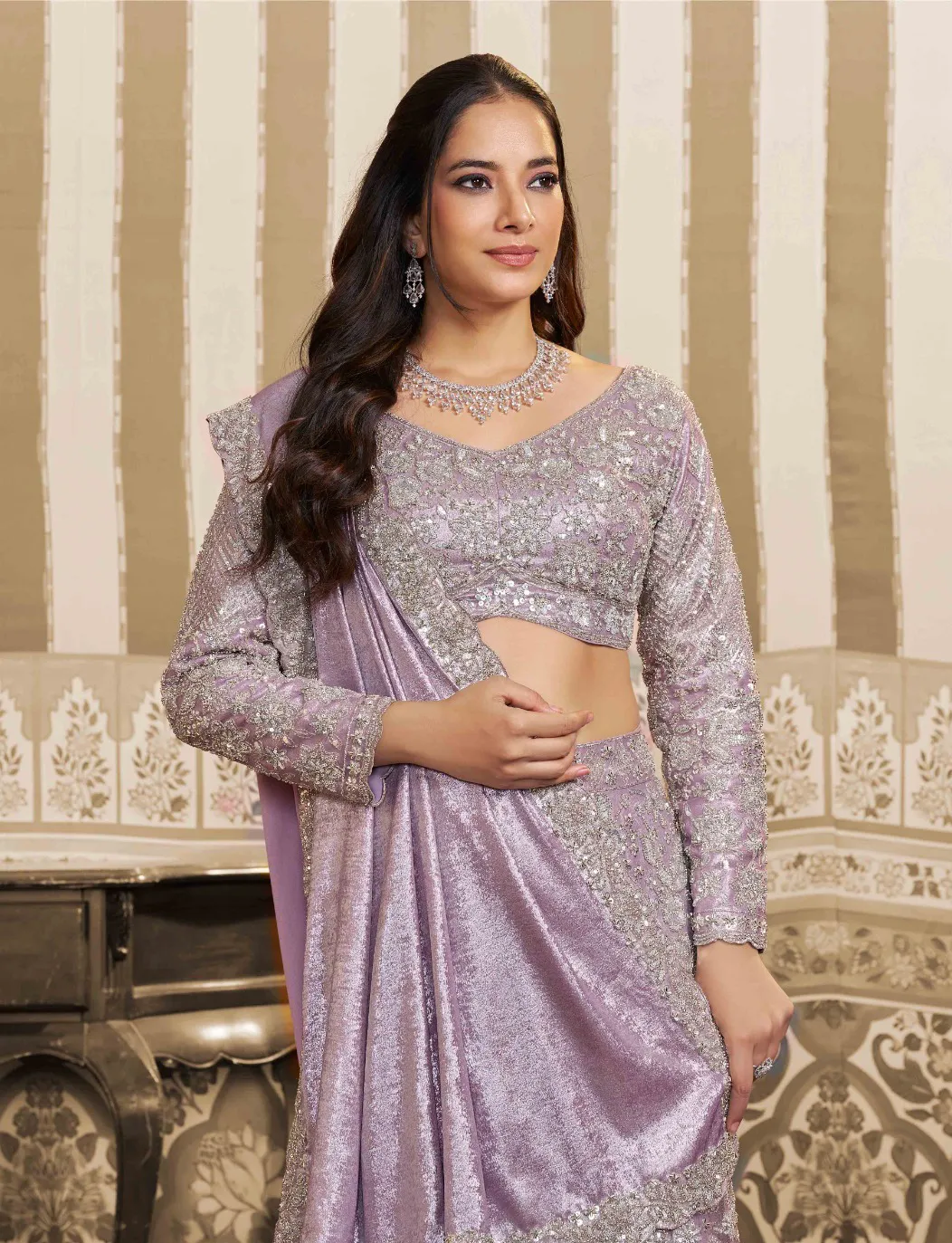 Lavender Foil Satin Sequins Work Readymade Lehenga Saree - Image 2