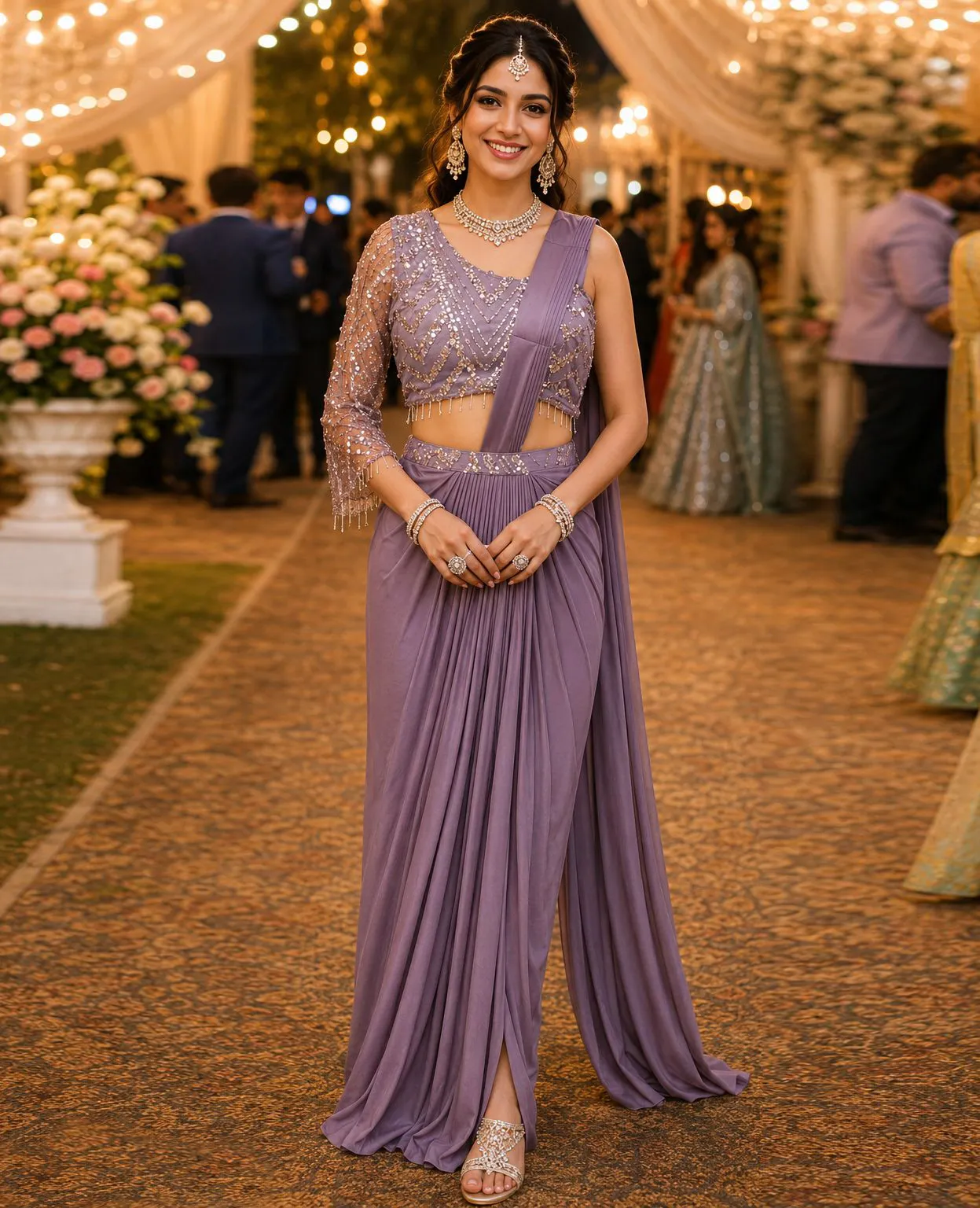 Lavender Lycra Readymade Saree With Stitched Designer Blouse