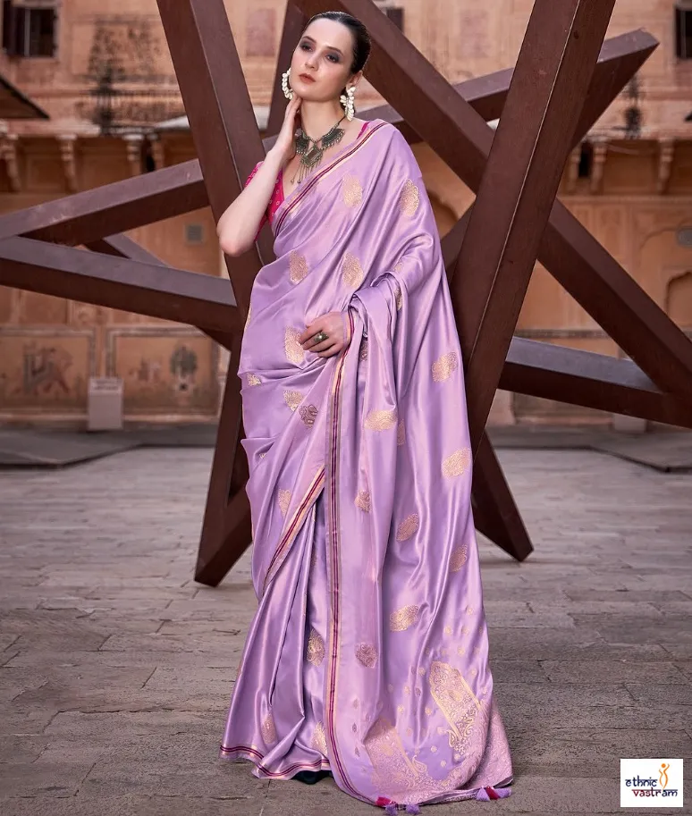 Lavender Pure Satin Zari Weaving Work Traditional Saree