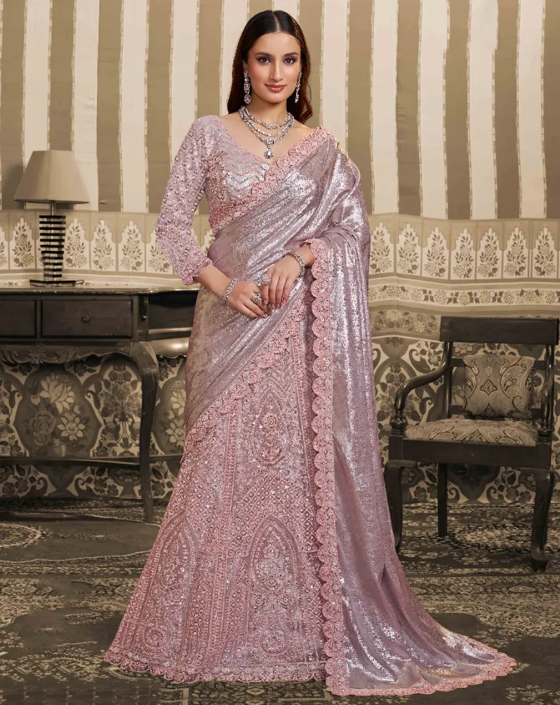 Light Pink Foil Satin Sequins Work Readymade Lehenga Saree