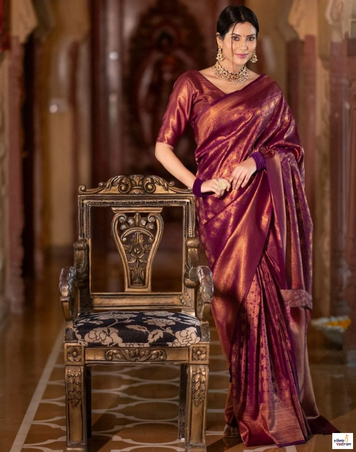 Maroon Lichi Silk Rich Pallu Jacquard Work Traditional Saree