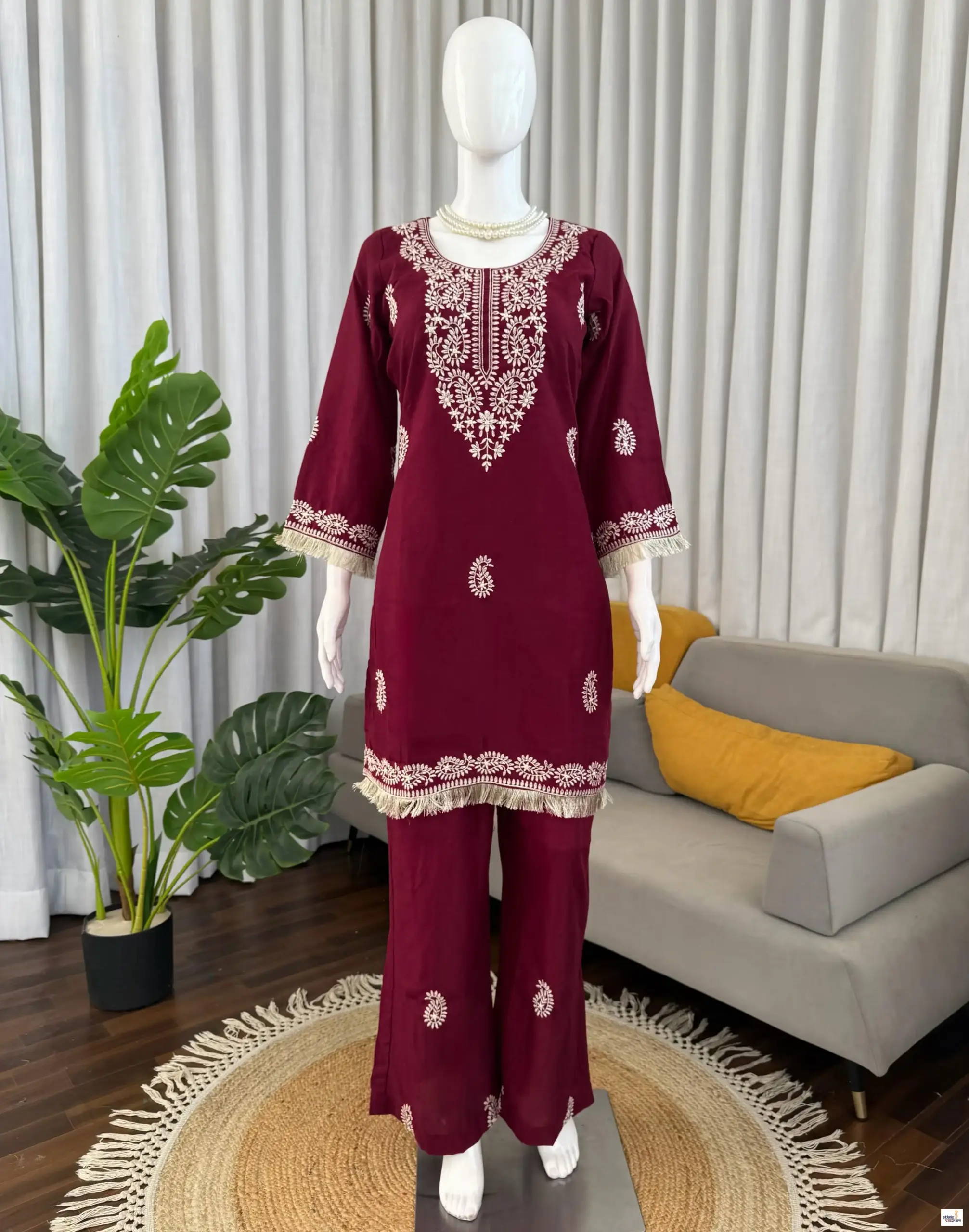 Maroon Slub Rayon Short Kurti With Bell Bottom Pant Co-Ord Set