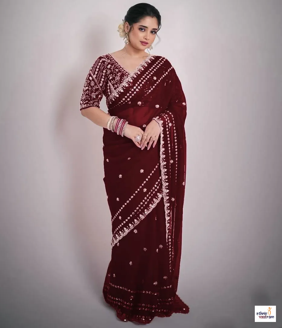 Maroon Soft Space Silk Sequins and Zari Work Designer Saree