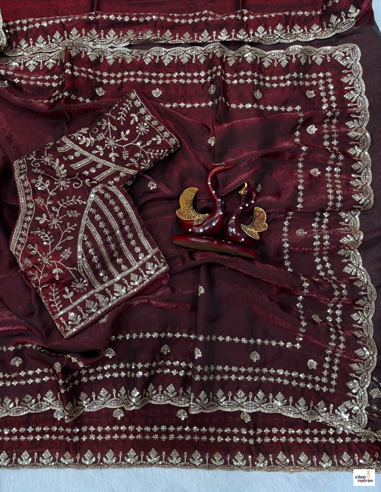 Maroon Soft Space Silk Sequins and Zari Work Designer Saree - Image 2