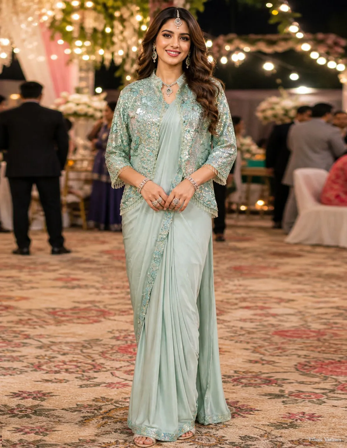 Mint Green Premium Lycra Ready-to-Wear Saree With Jacket