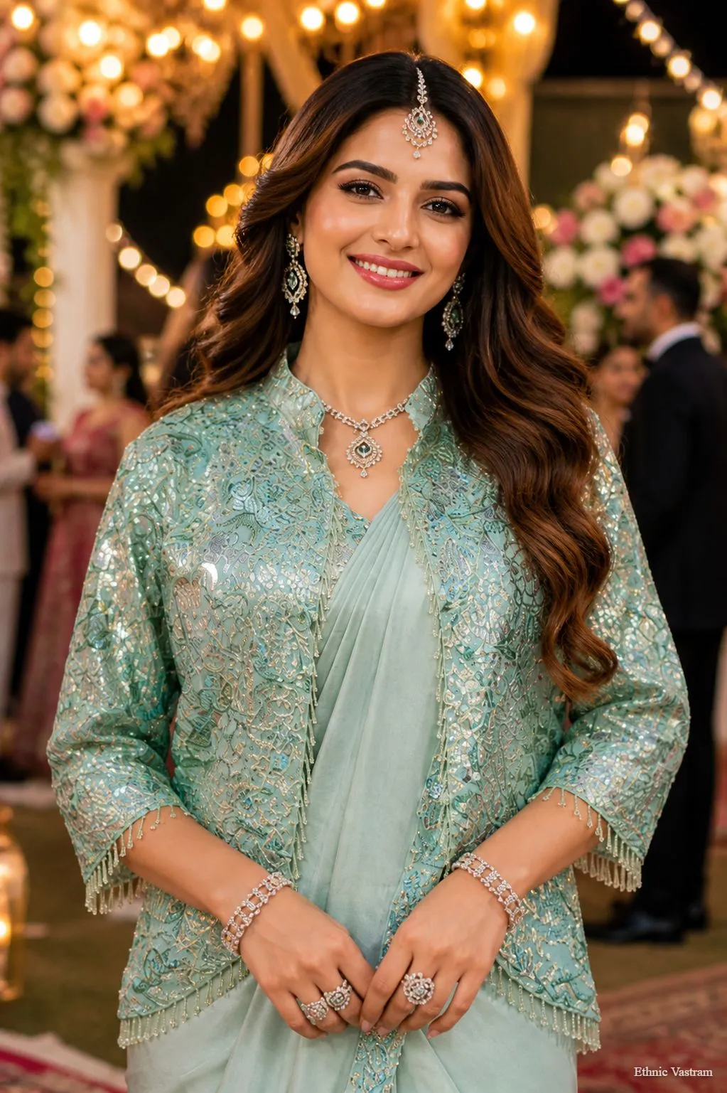 Mint Green Premium Lycra Ready-to-Wear Saree With Jacket - Image 2
