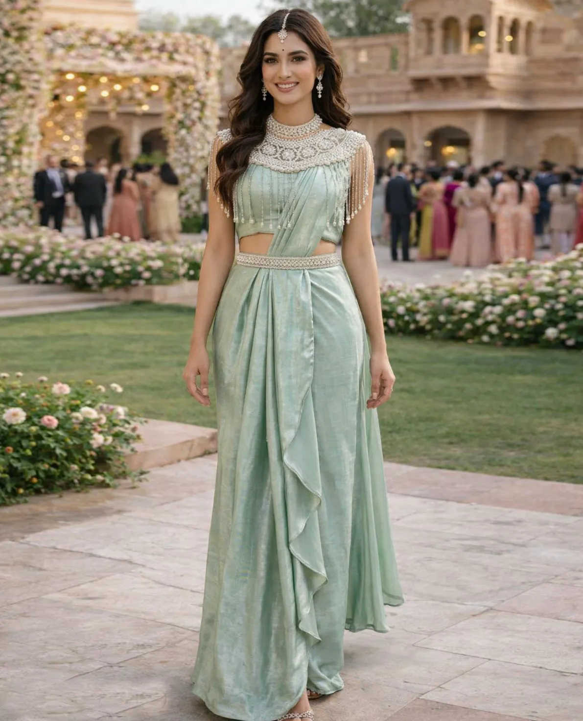 Mint Green Premium Sandwash Satin Ready-to-Wear Saree