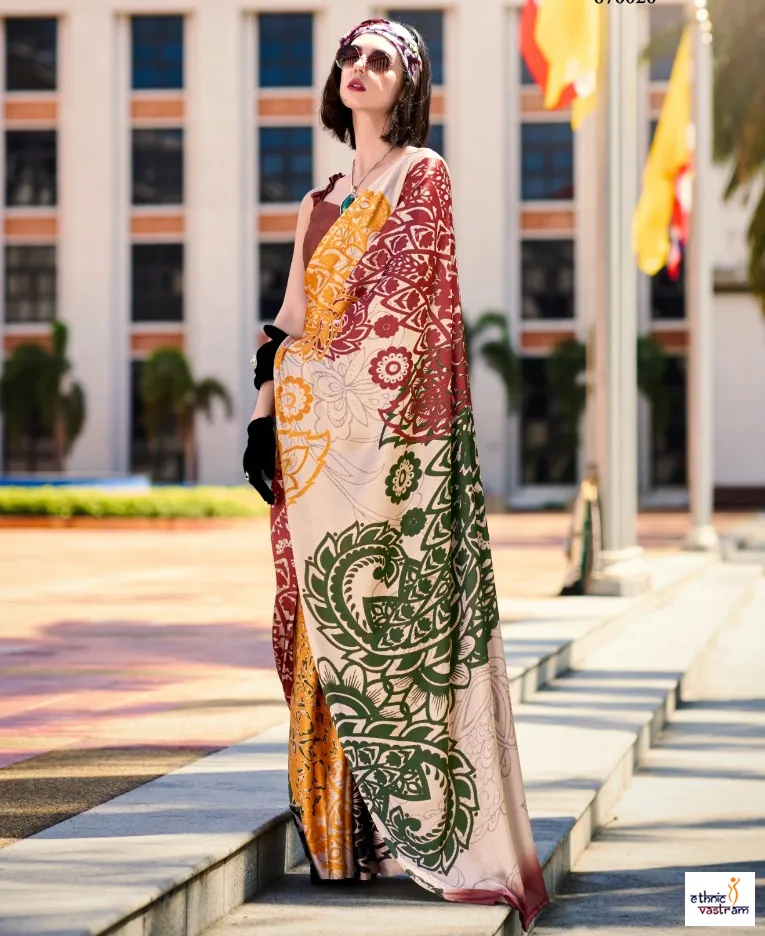Multicolor Japan Satin Abstract Digital Prints Modern Saree